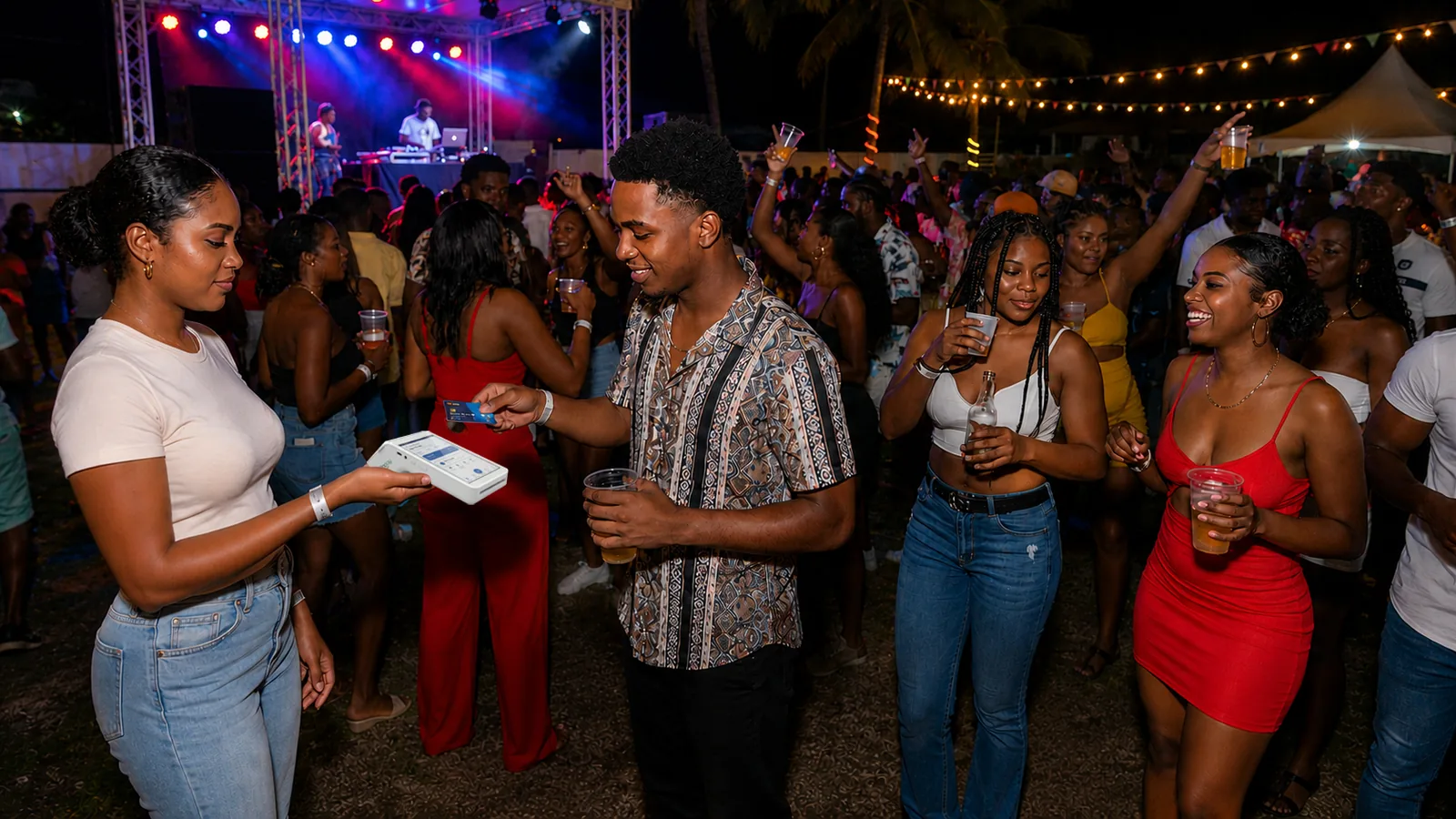Attendees paying with cards on a FloPay terminal at an outdoor event