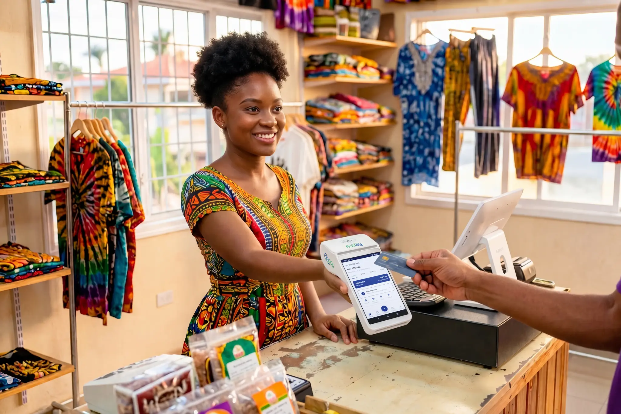 Customer tapping Visa card on FloPay payment terminal in clothing store
